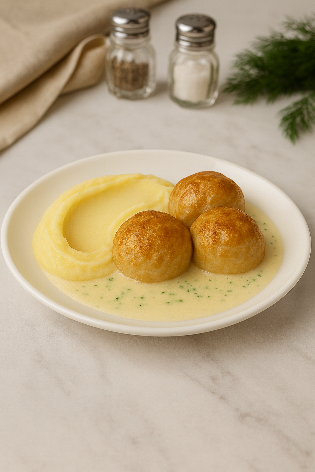 Chicken Meatballs with Mashed Potatoes and Cream Sauce